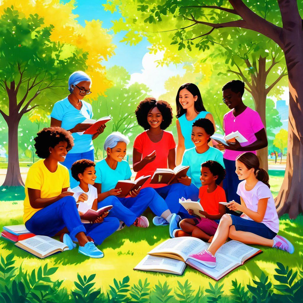 A vibrant and diverse group of people, of different ages and backgrounds, engaging in joyful activities like reading, sharing ideas, and collaborating in a sunny park setting. Emphasize a sense of community and empowerment through elements like colorful books, art supplies, and plants. Add soft sunlight filtering through trees to create a warm atmosphere. lively illustration, vibrant colors, and a sense of motion.