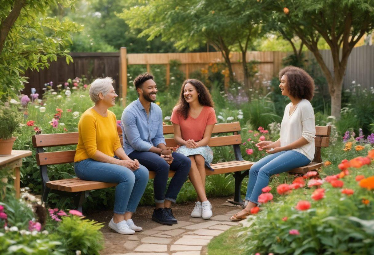 A warm and inviting scene depicting a diverse group of people engaging joyfully in a community garden, exchanging ideas and laughter amidst blooming flowers and greenery. Include elements like informational pamphlets on emotional wellness, a cozy bench for conversation, and children playing nearby, representing growth and connection. The atmosphere should radiate positivity and support. vibrant colors. super-realistic.