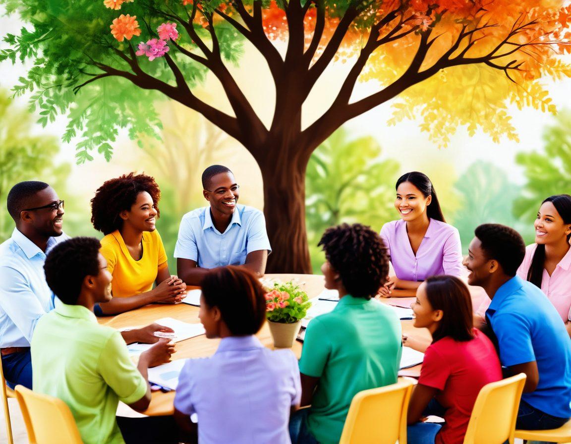 A vibrant scene depicting diverse individuals engaging in a supportive group setting, exchanging ideas and offering encouragement. Background elements include symbols of growth like trees or blooming flowers, representing personal development. The atmosphere should feel warm and uplifting, showcasing collaboration with smiles and open body language. super-realistic. vibrant colors. soft-focus.